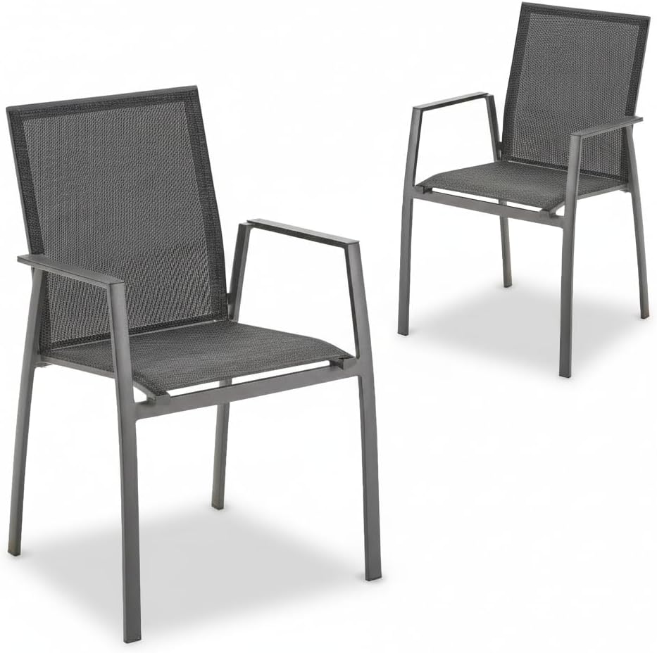 Gartenstuhl 2er-Set Pellaro - 2 Stück Stapelstuhl - wetterfest - fertig montiert - Alu mit Textilen - stapelbar - für Garten, Terrasse, Balkon - Alu-Armlehnen anthrazit