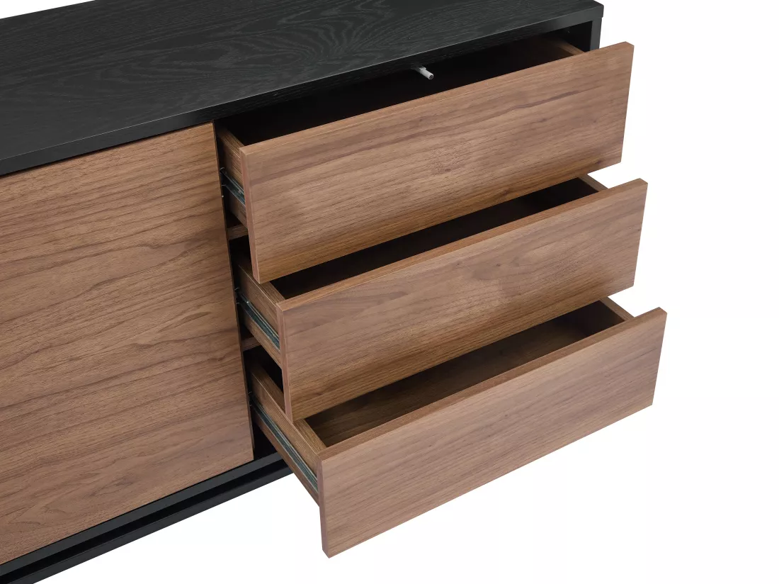 Buffet avec 2 portes et 3 tiroirs placage noyer et métal - Naturel foncé et Noir - ZINORI