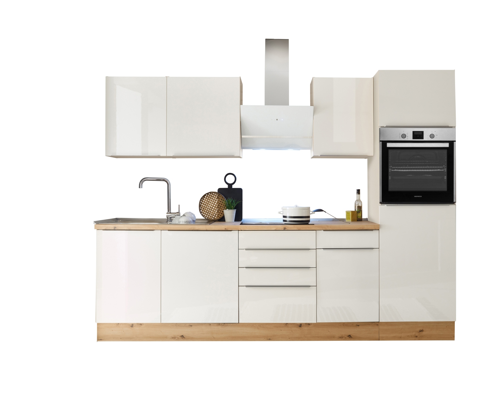 RESPEKTA Küchenblock - weiß Hochglanz-Artisan Eiche Sägerau - mit E-Geräten - 280 cm