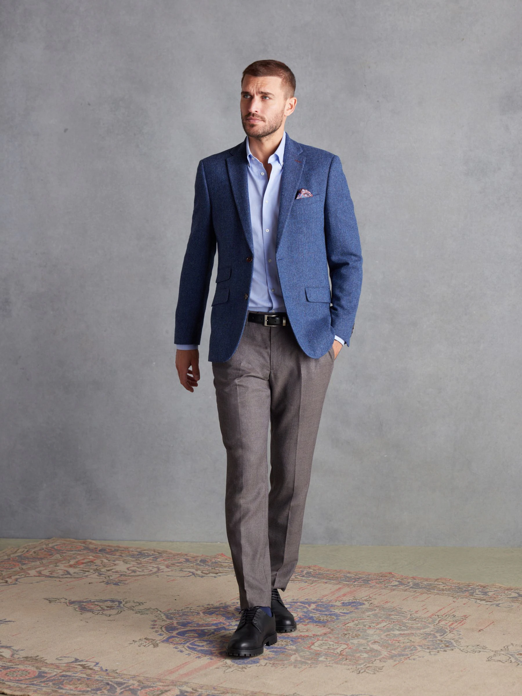 Blauw - Normale Pasvorm - Signature Nova Fides Blazer van wolblend met visgraatmotief