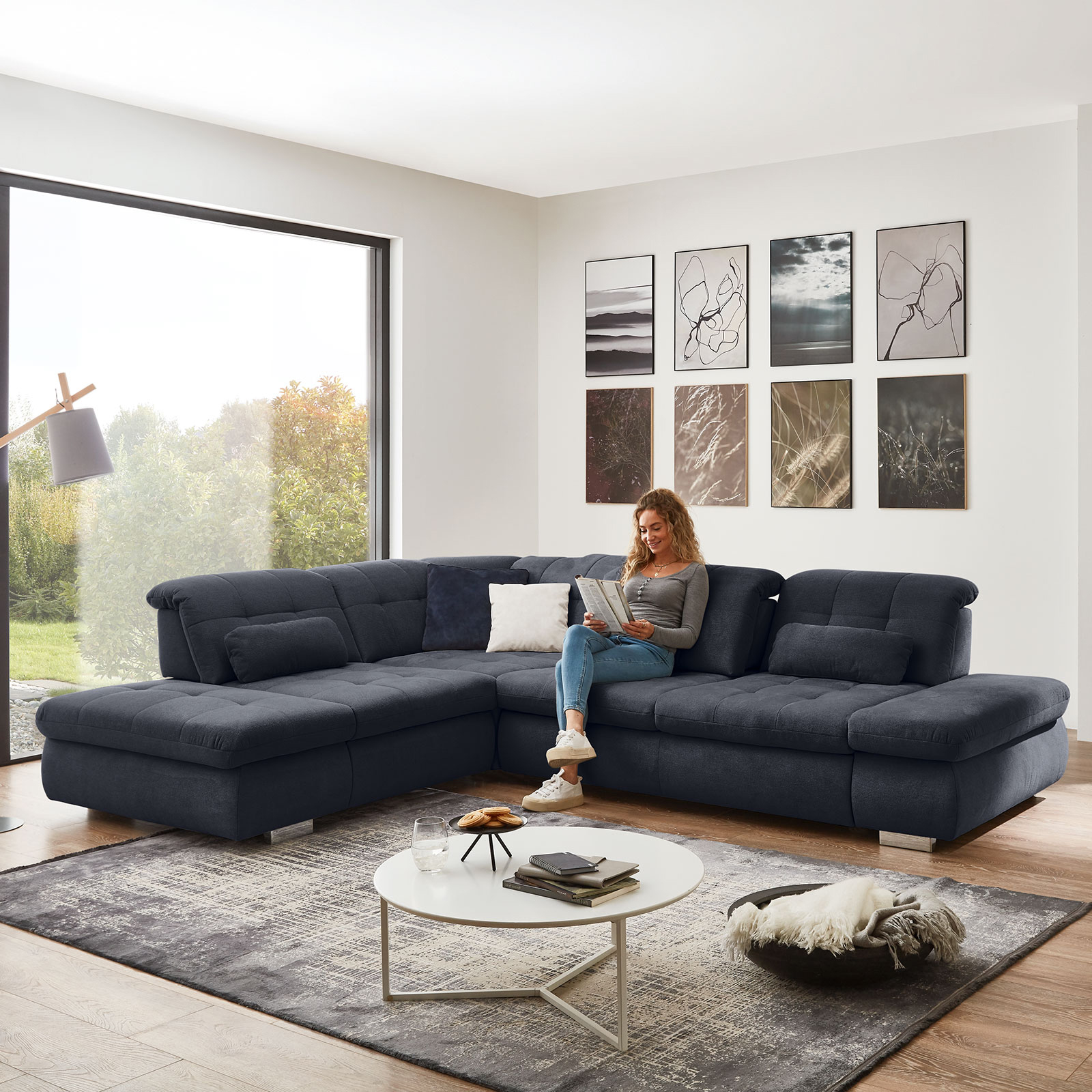 polsterpower Ecksofa - marine - Basismodell - Anstellhocker links