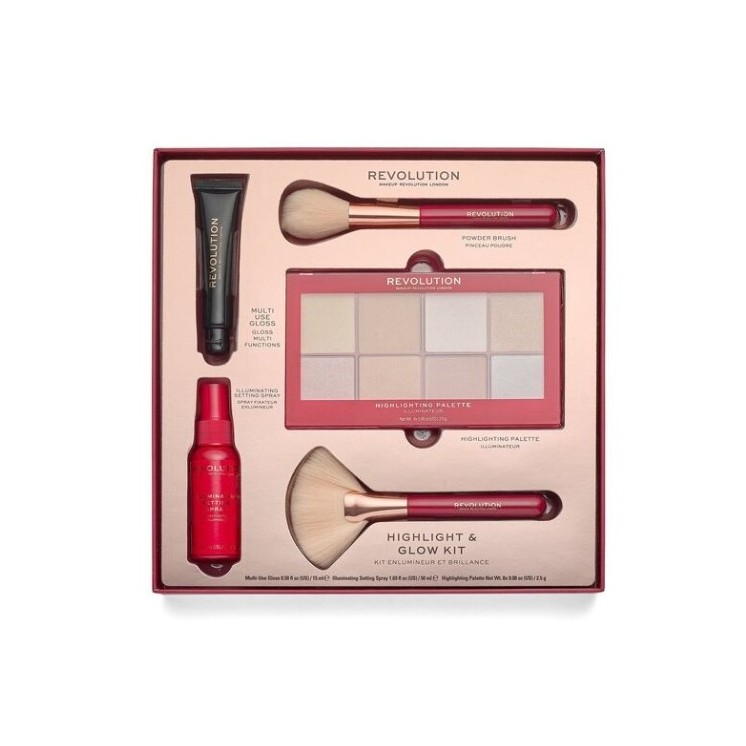Revolution Highlight Glow Kit: Palette mit 8 Textmarkern, Fixierspray, Lipgloss und 2 Make-up-Pinseln