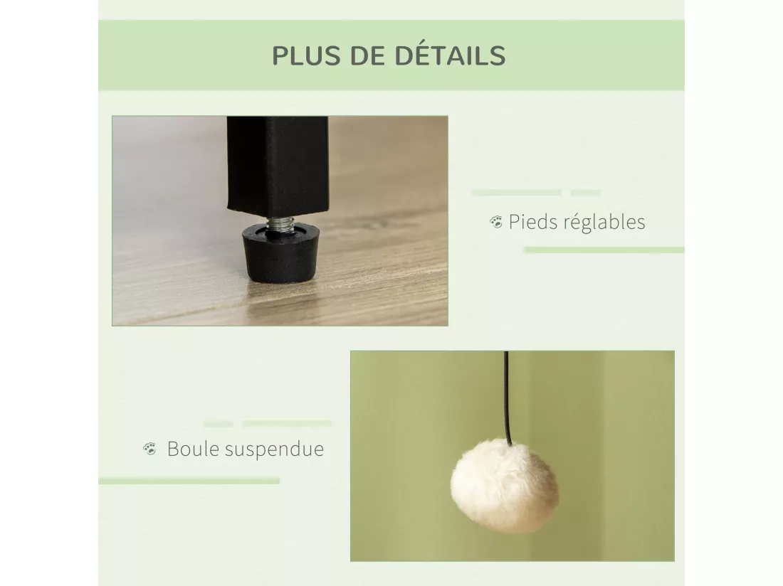 Maison de toilette pour chat style industriel porte entrée latérale boule suspendue châssis acier aspect bois clair