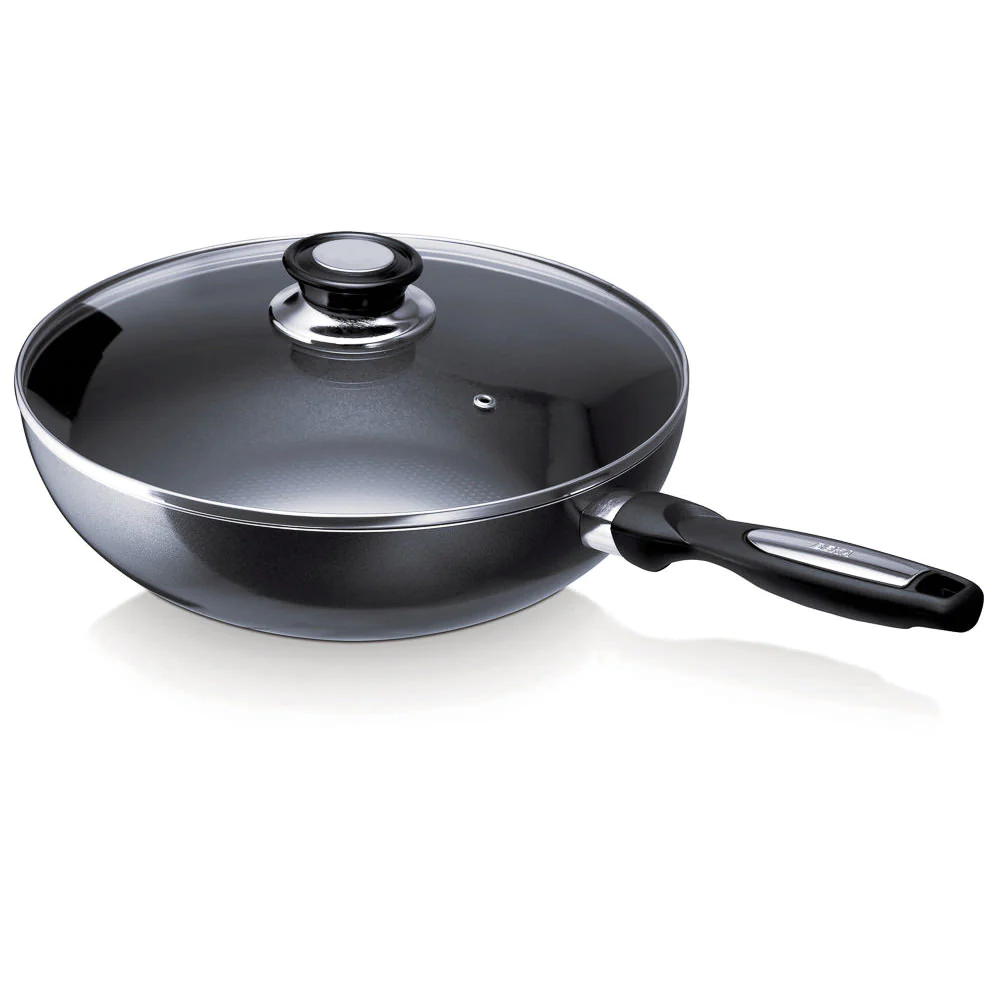 Wok Pro Induc 28 cm en aluminium antiahésif avec couvercle en verre Be