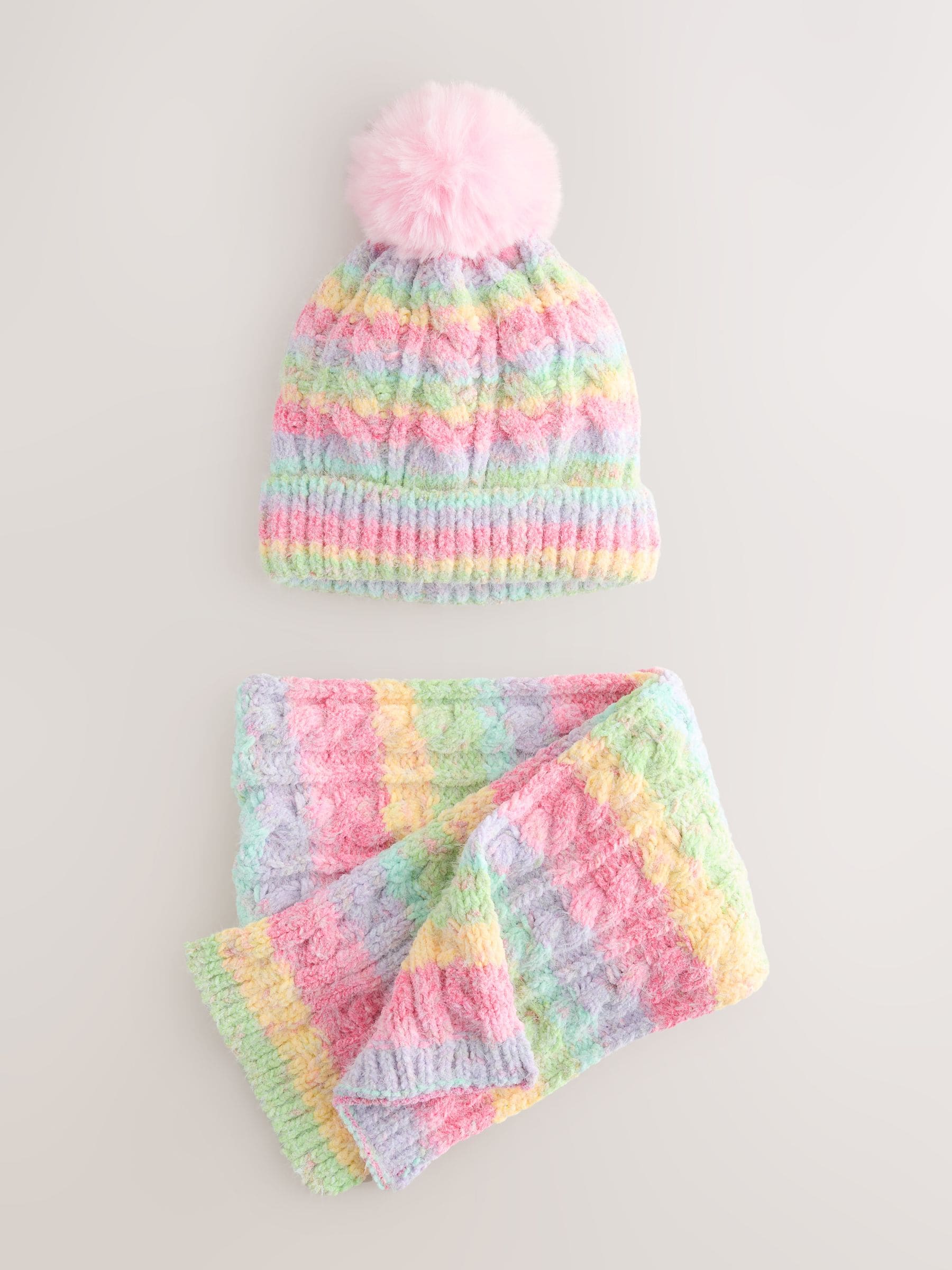 Roze met regenboogprint - Set van beanie en snood (1-13jr)