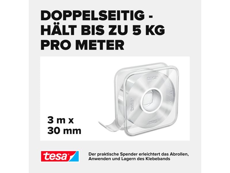 tesa Klebeband Universal Nano Tape 1 Rolle - 3 m x 30 mm Transparentes, doppelseitiges Klebeband – leicht wiederablösbar und wiederverwendbar – wetterfest