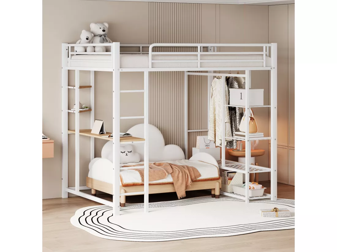 Lit mezzanine 140 x 200 cm avec bureau et étagères de rangement - métal - sommier à lattes - blanc (sans matelas)