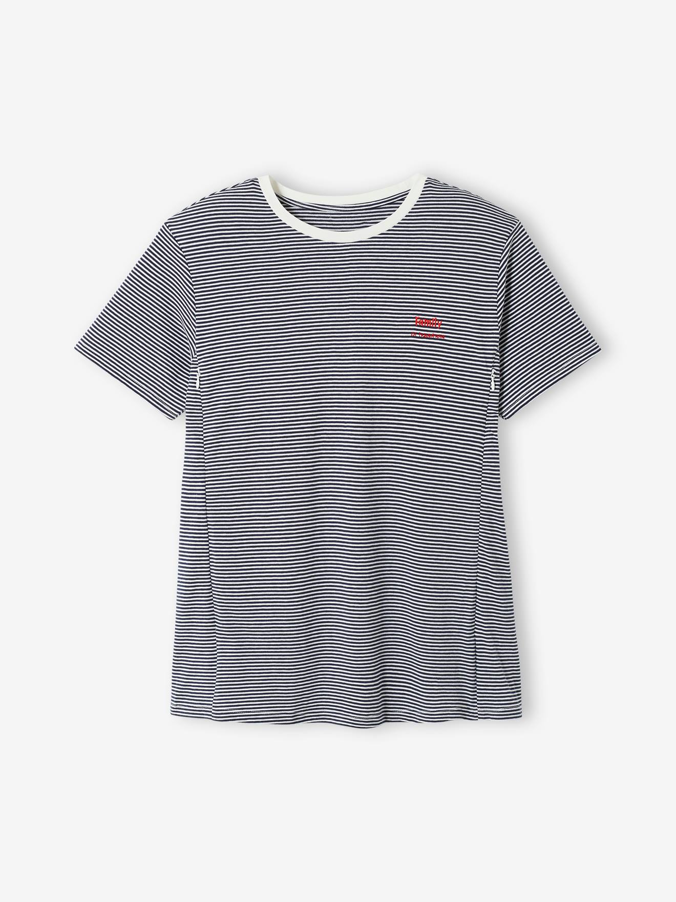 Camiseta listrada para gestantes e lactantes, personalizável, tamanho médio, em algodão listrado vermelho.