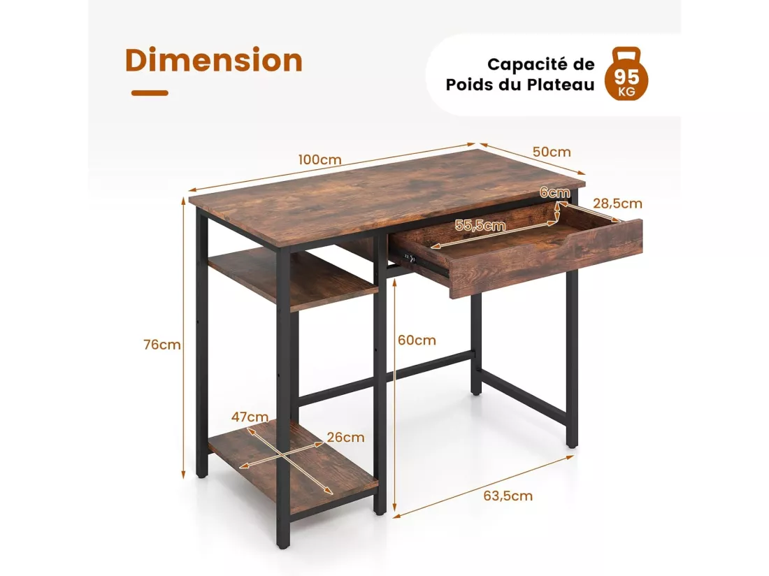 Bureau d'Ordinateur 100 x 50 cm, Bureau Informatique avec Grand Tiroir de Rangement et 2 Étagères Ouvertes Réglable, Support UC, 2 Crochets, Style Industriel, Marron Rustique