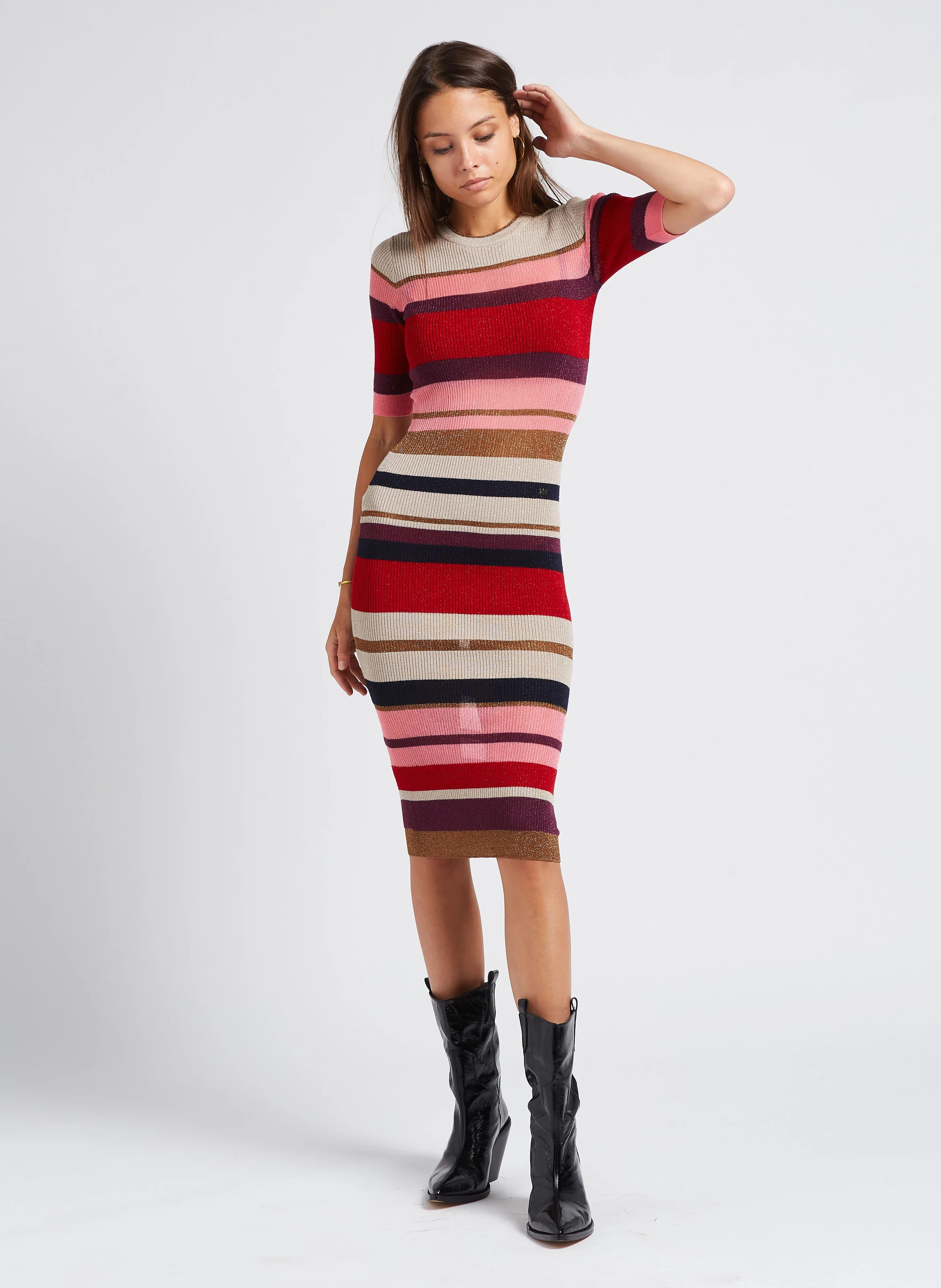 Robe midi col rond rayée en laine| Multicolore