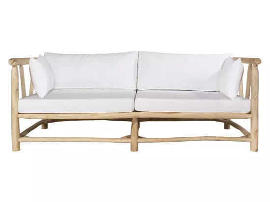 Salon de jardin en teck : un canapé 3 places + 2 fauteuils + 2 tables basses - Naturel clair et blanc - TULUM de MYLIA