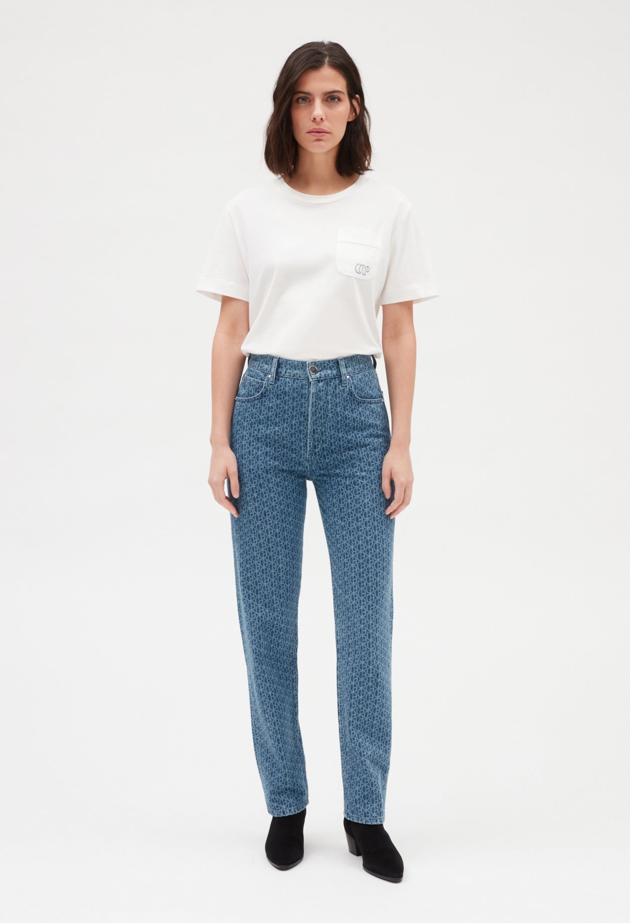 Jean droit monogramme bleu delave