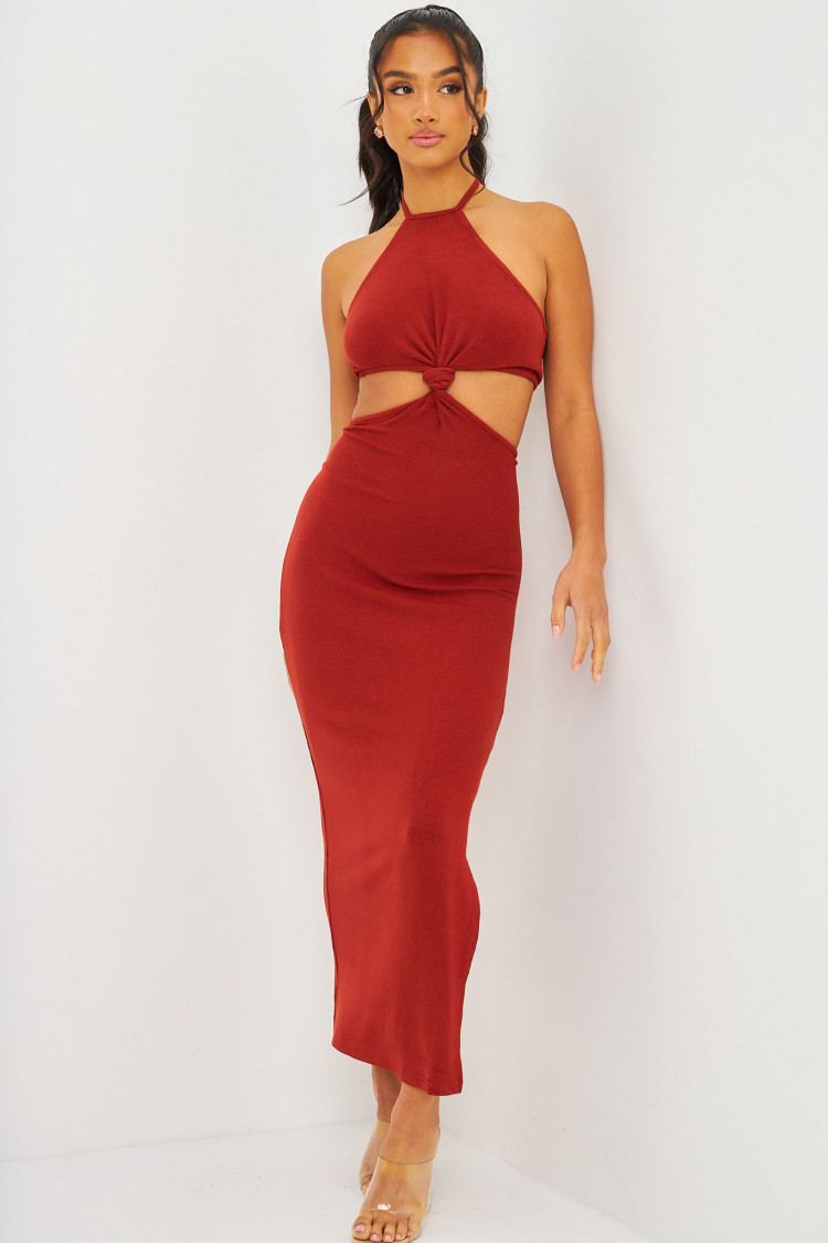 Robe moulante marron ajourée à attacher
