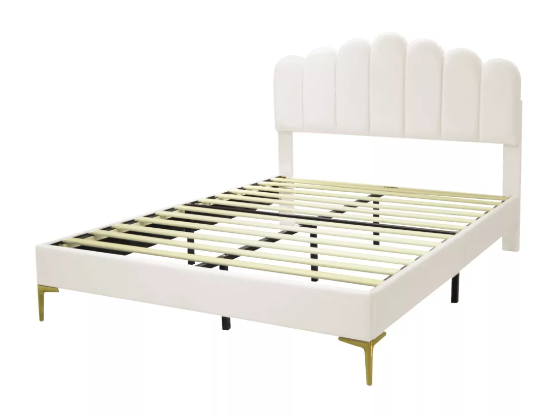 Lit double rembourré en velours - 140x200cm - tête de lit en forme de fleur - avec sommier à lattes - Beige