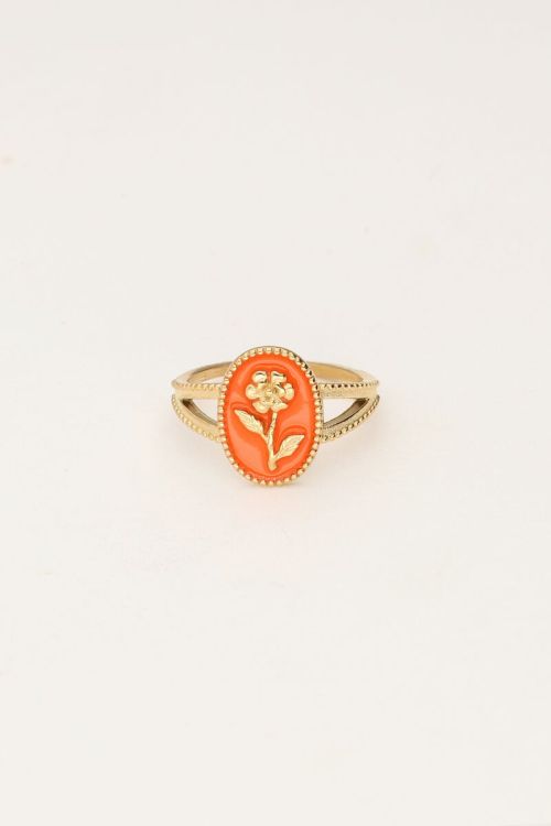 Art oranje statement ring met bloem