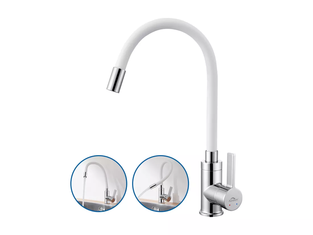 Mitigeur Cuisine AuraLum Max Blanc Flexible Bec Haut Orientable Librement Robinet Évier Laiton Robinet Evier Monotrou à Eau Chaude/ Froide,EU Modèle