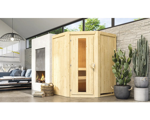 Karibu Kanja plug & play sauna zonder kachel en dakrand, met houten deur en geïsoleerd glas.