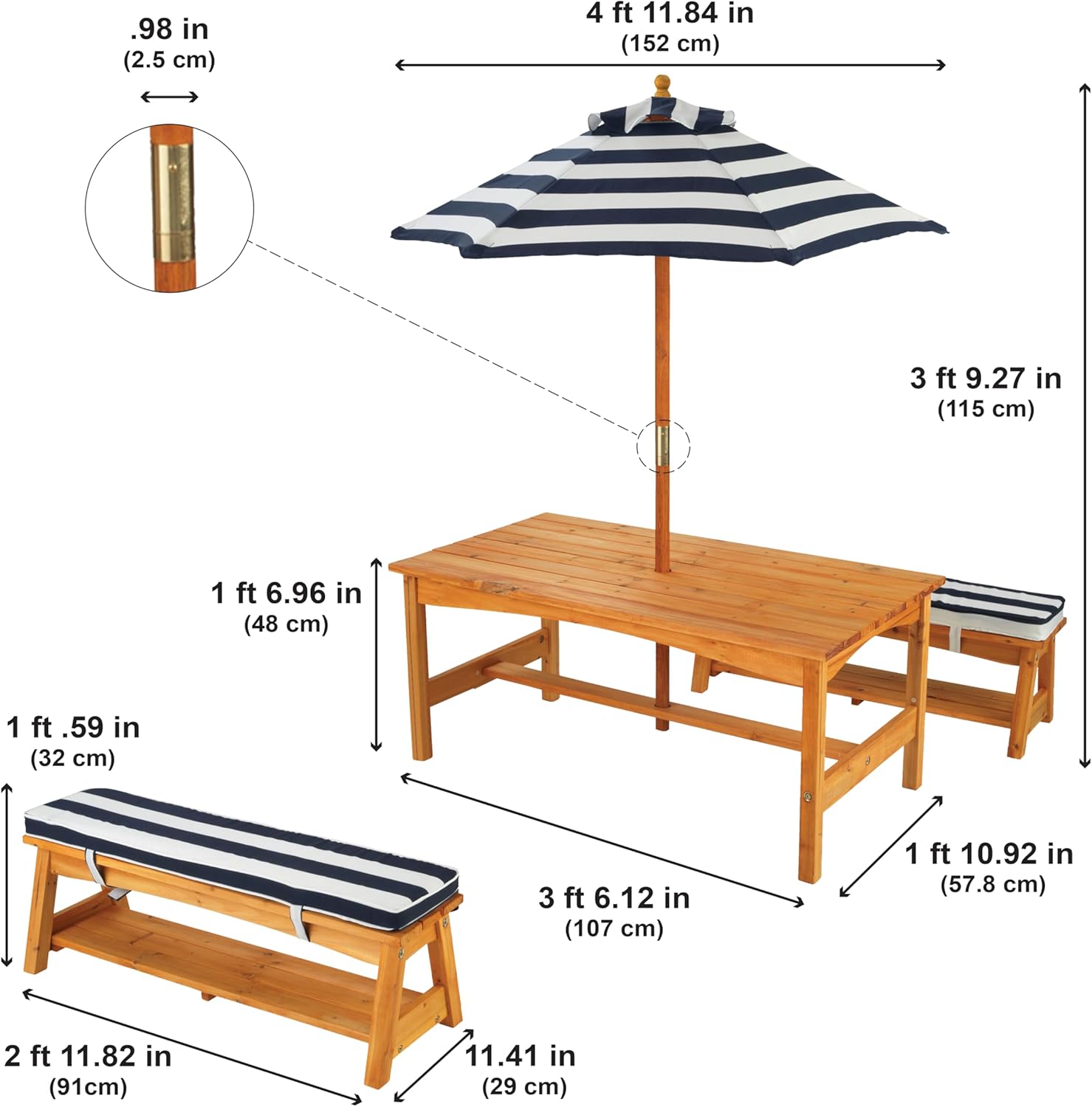 KidKraft Gartentisch mit Bank, Kissen und Sonnenschirm für Kinder, Outdoor Gartenmöbel aus Holz für Kinder, Marineblau-Weiß gestreift, 106