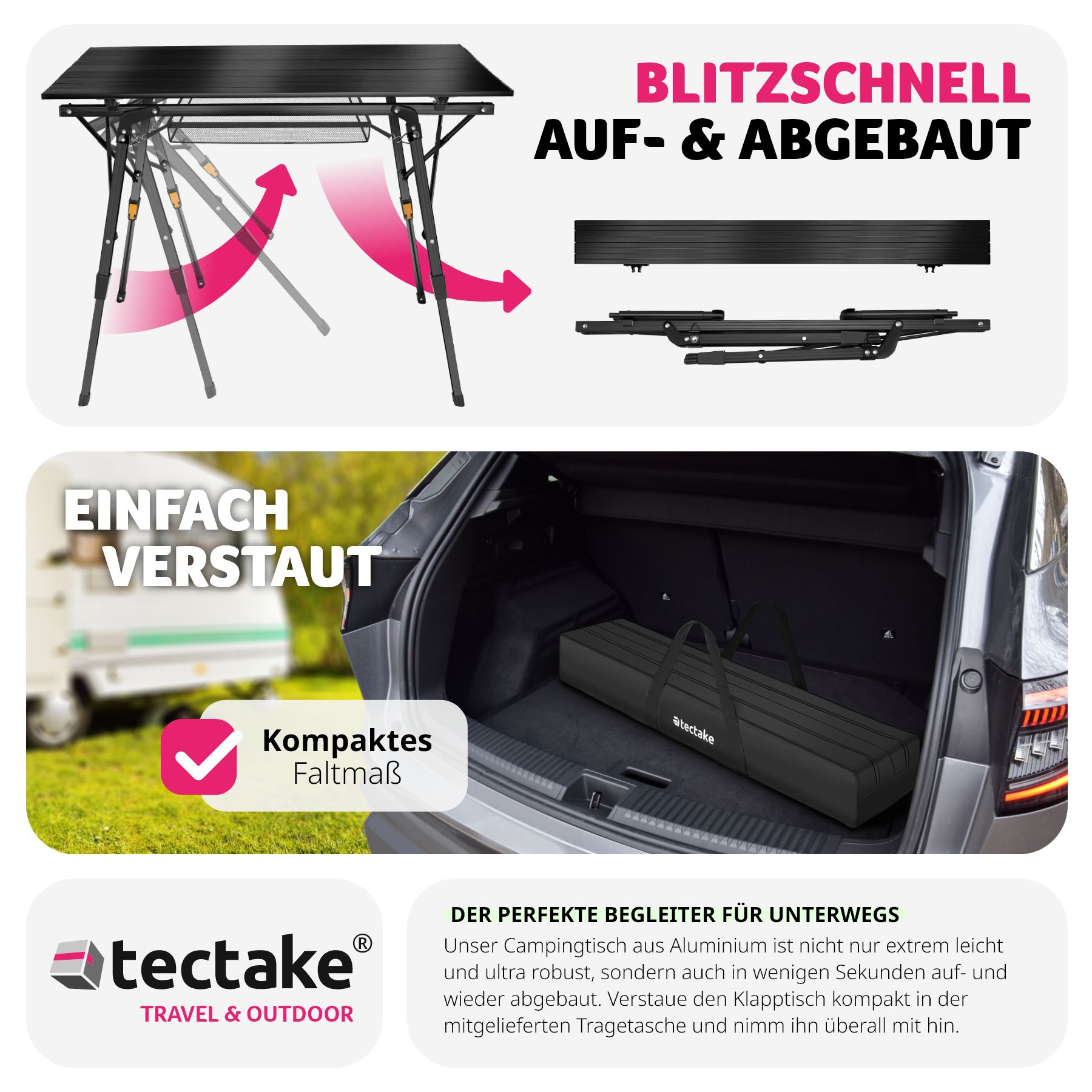 tectake® Campingtisch, faltbar, höhenverstellbar, 90 x 52 x 47 - 70 cm