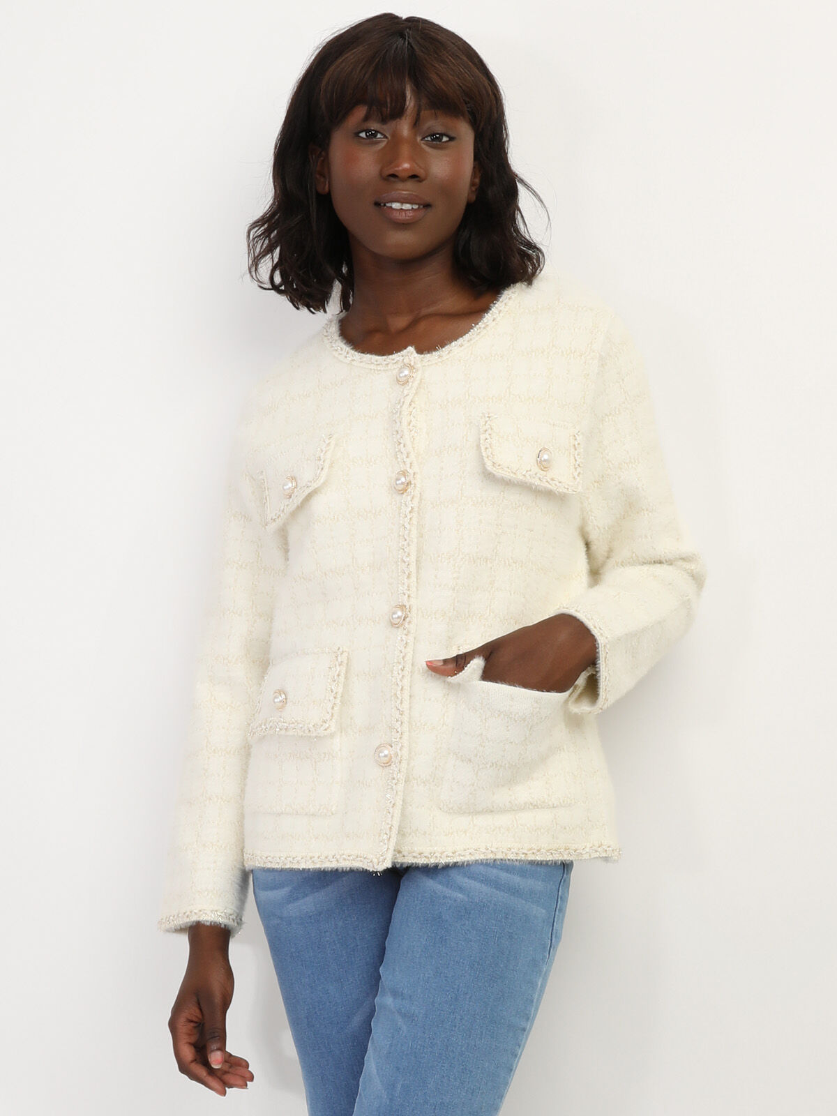 Veste style tweed à boutons nacrés- Écru