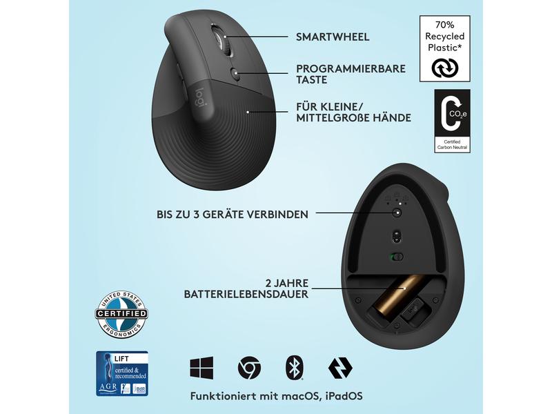 Logitech Ergonomische Maus Lift Graphite Komfortable ergonomische Maus mit vertikalem Design für kleine bis mittelgrosse Hände