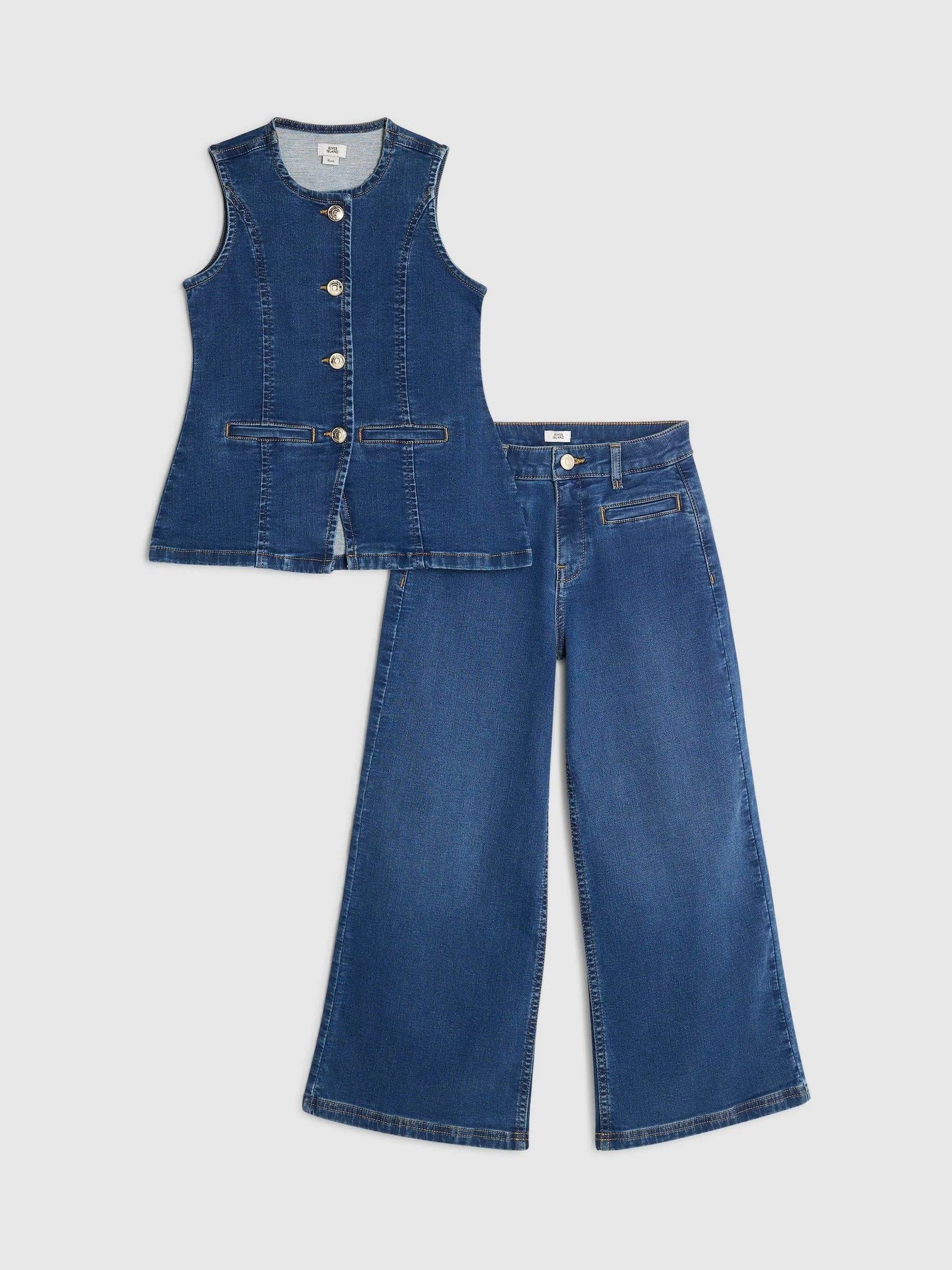 River Island Mid Wash Waistcoat & Wide Leg Jeans Set