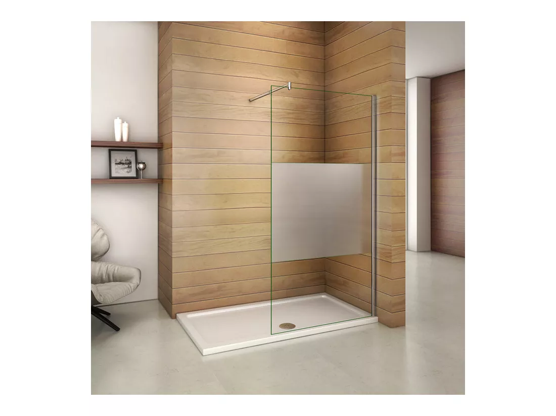 Paroi de douche à l'italienne 90x200cm avec barre de fixation 70-120cm en cylindrique, en 8mm verre bande centrale dépolie