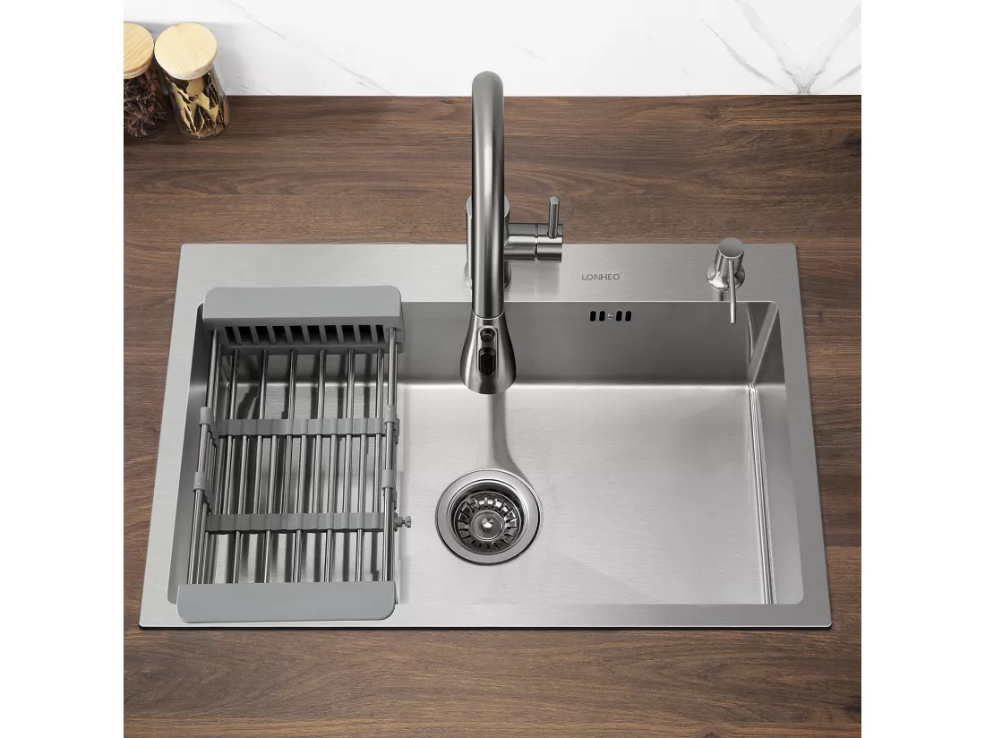 Évier Cuisine 1 Bac 68*45*19CM INOX Trop Plein Évier à Encastrer, avec Distrubuteur Savon et Égouttoir Panier, Brossé,EU Modèle
