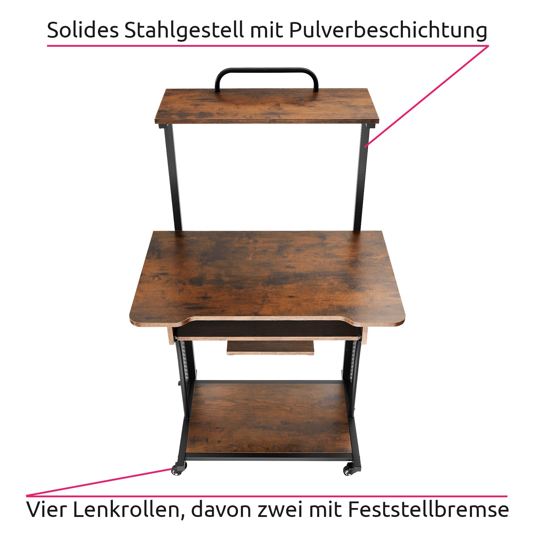 tectake® Schreibtisch, Industrial Style, 3 Ebenen, einhängbare Ablage und Tastaturauszug, 80 x 65,5 x 130,5 cm