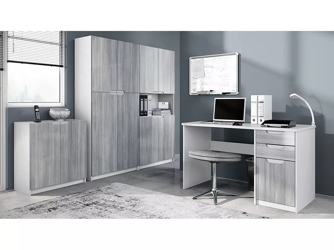Ensemble de Meubles de Bureau Corps en Blanc Mat/Façades en Avola-Anthracite