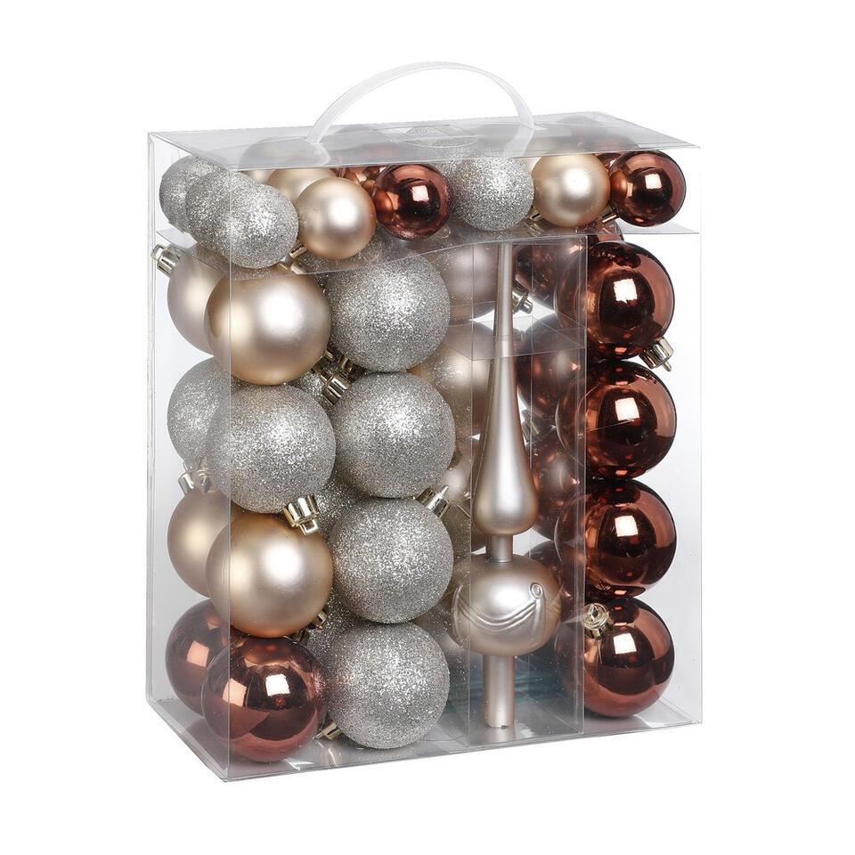 Inge Christmas kerstballen met piek-47-dlg -bruin/parel/zilver