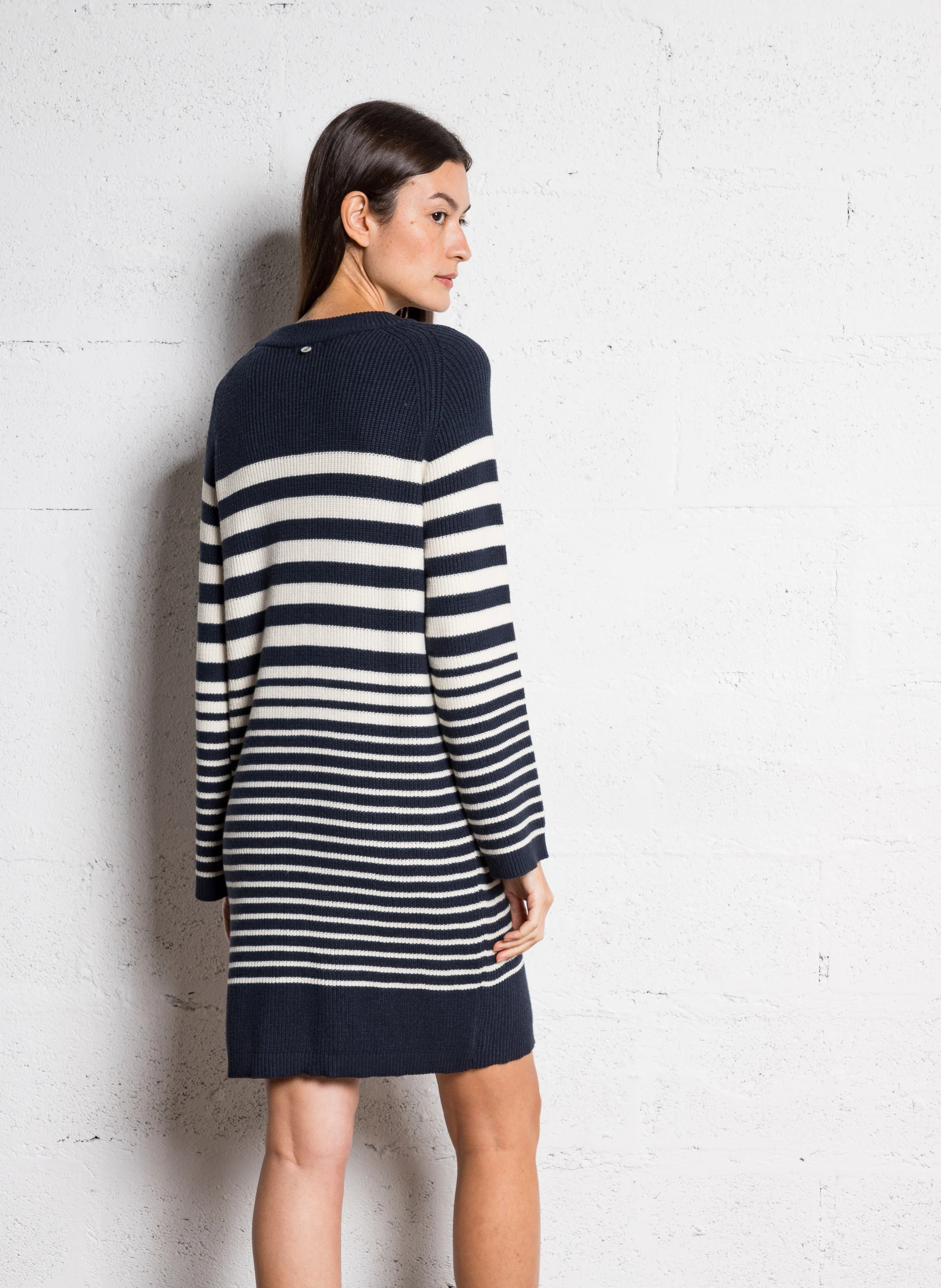 ROZALIA - Robe courte col rond rayée en maille mélangée | Bleu