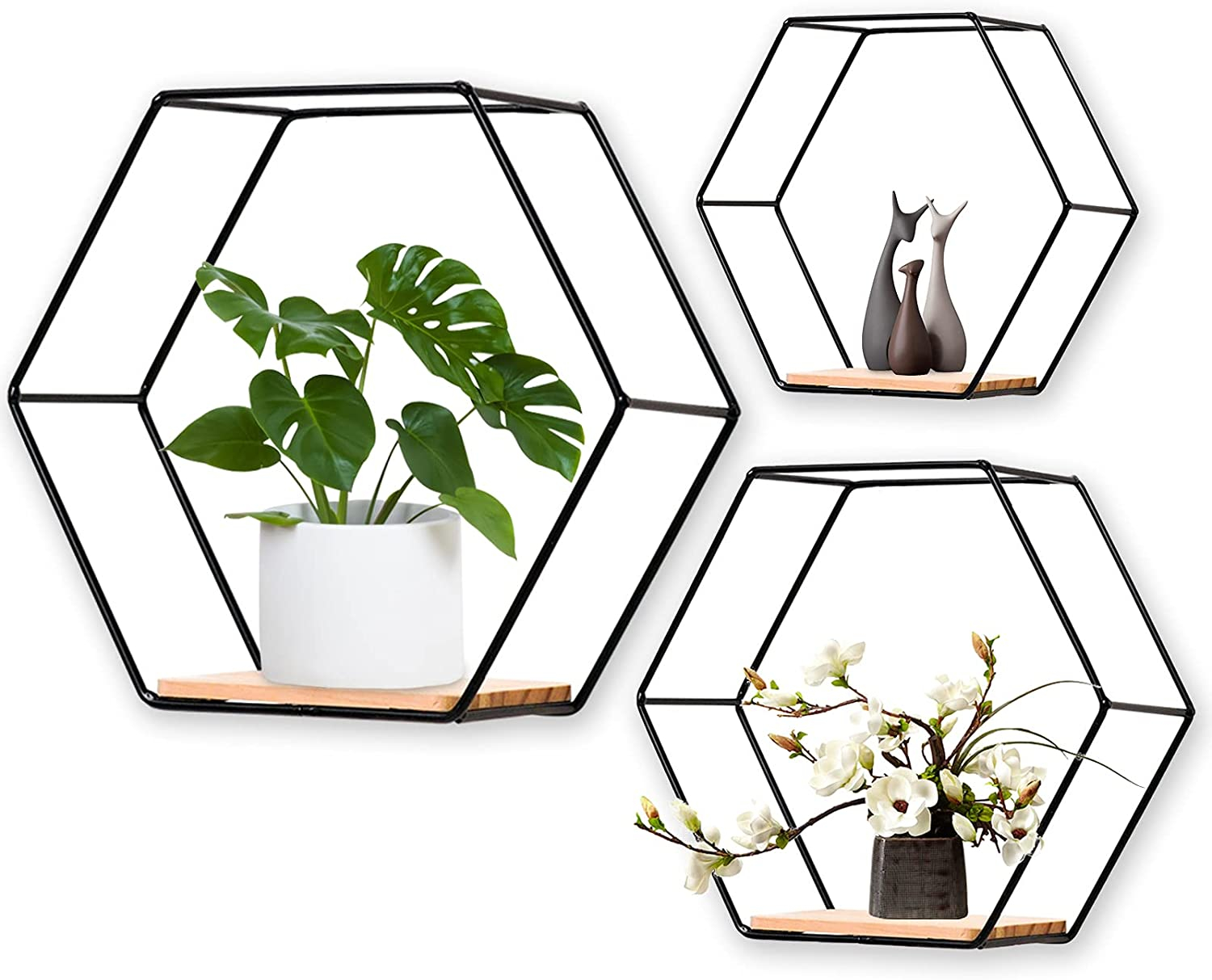 (3er Set) Metall Wandregal Home Deko Hexagon Schwebe Regal - Schwarz