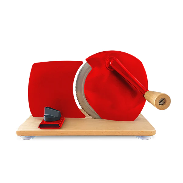 Trancheuse manuelle lame 17 cm et plateau bois massif rouge Jupiter