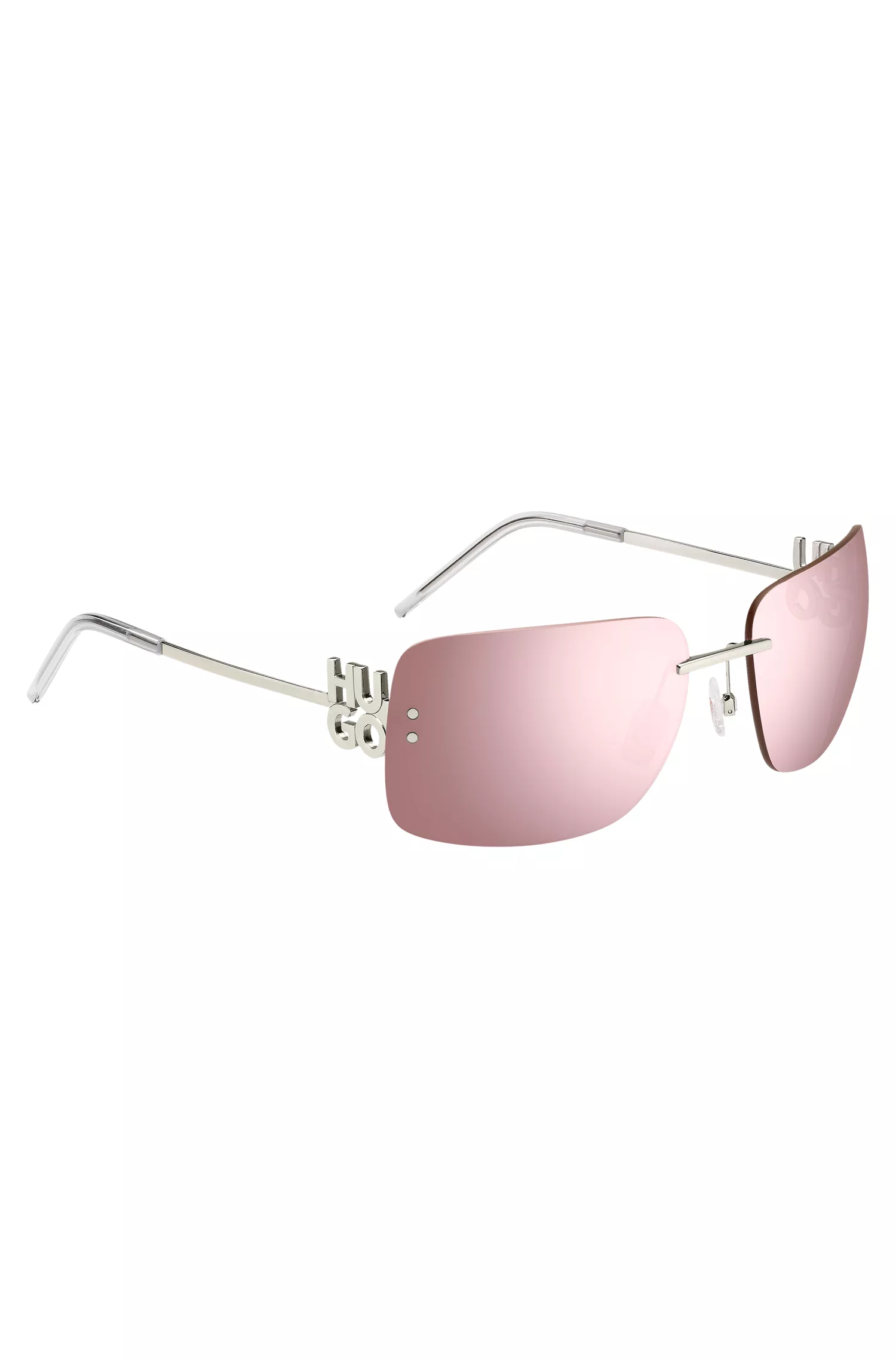 Óculos de sol HUGO com lentes rosa-avermelhadas e hastes com logotipos sobrepostos.
