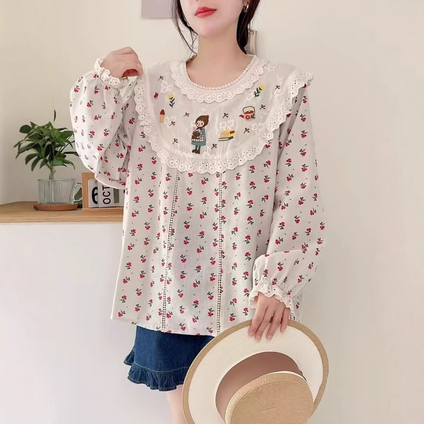Aigan - Blouse met pofmouwen en bloemenkant
