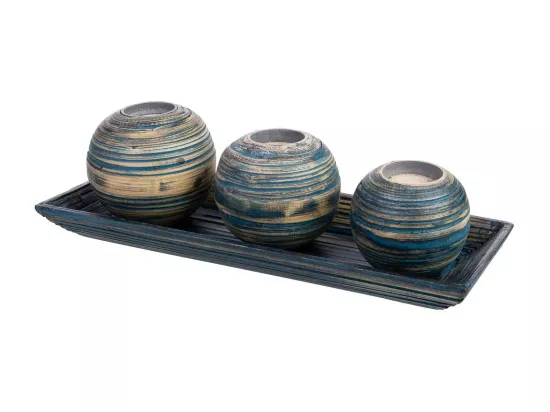 Ensemble plateau et 3 bougeoirs en bois de bambou bleu 33x13x3h cm