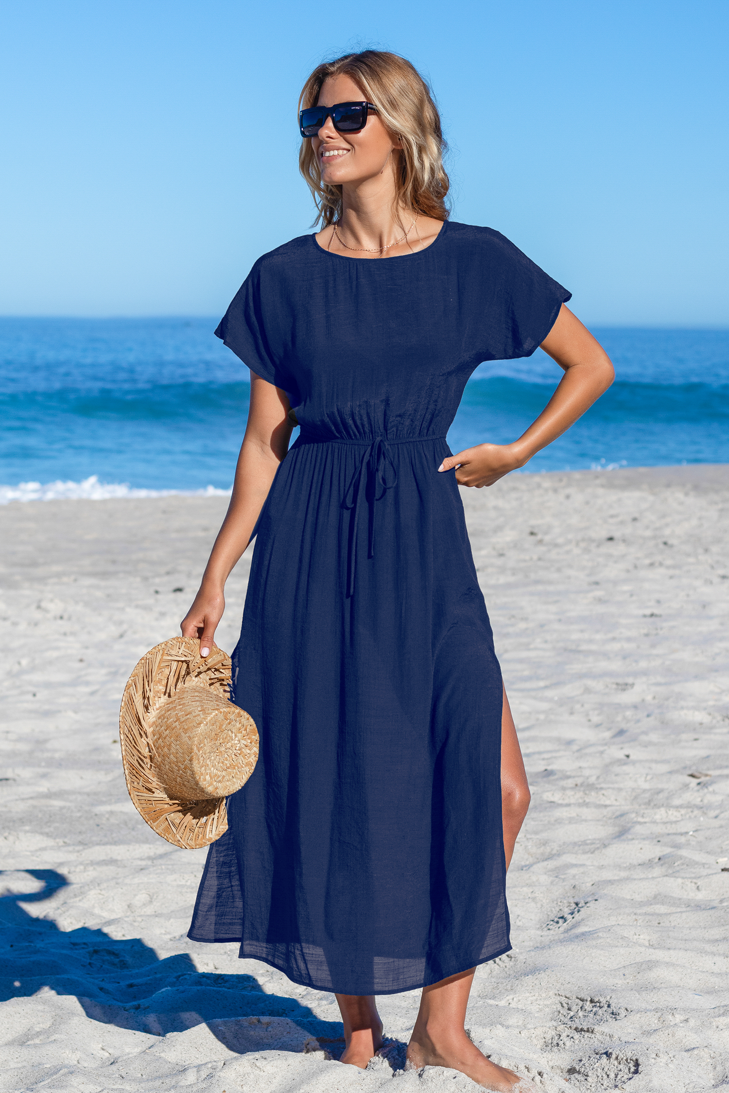 Robe cover up à col rond et coutures fendues bleu marine