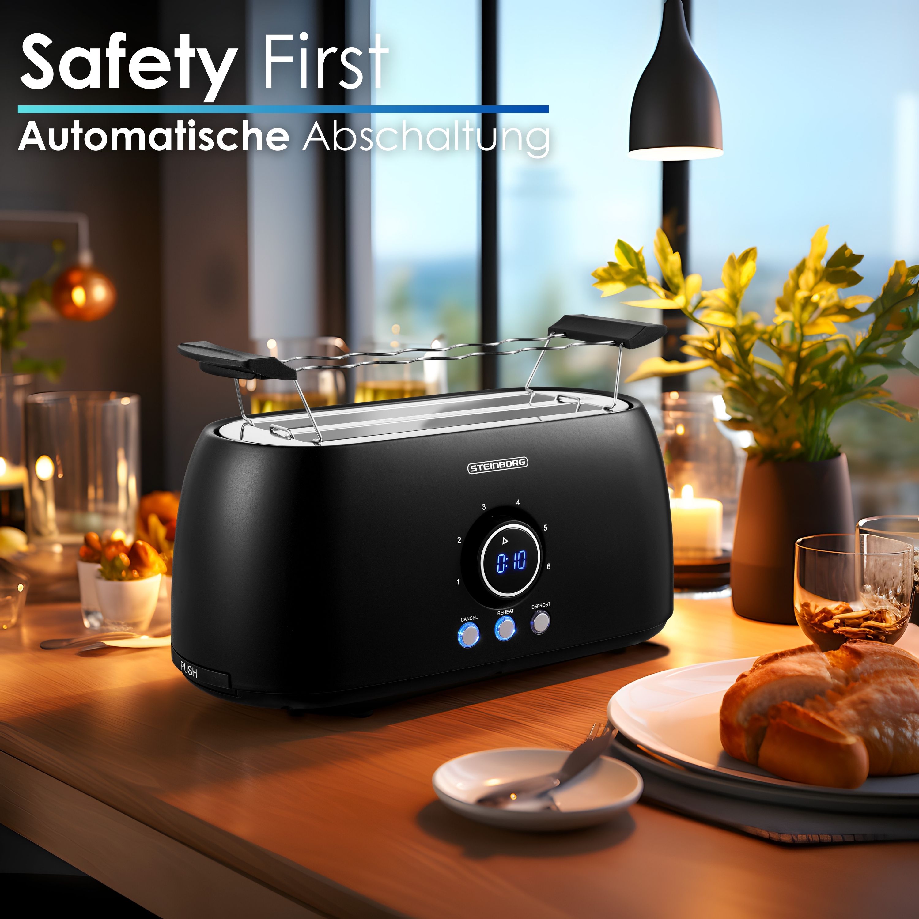 Steinborg 4 Scheiben XXL Toaster Digitales Display m. Brötchenaufsatz