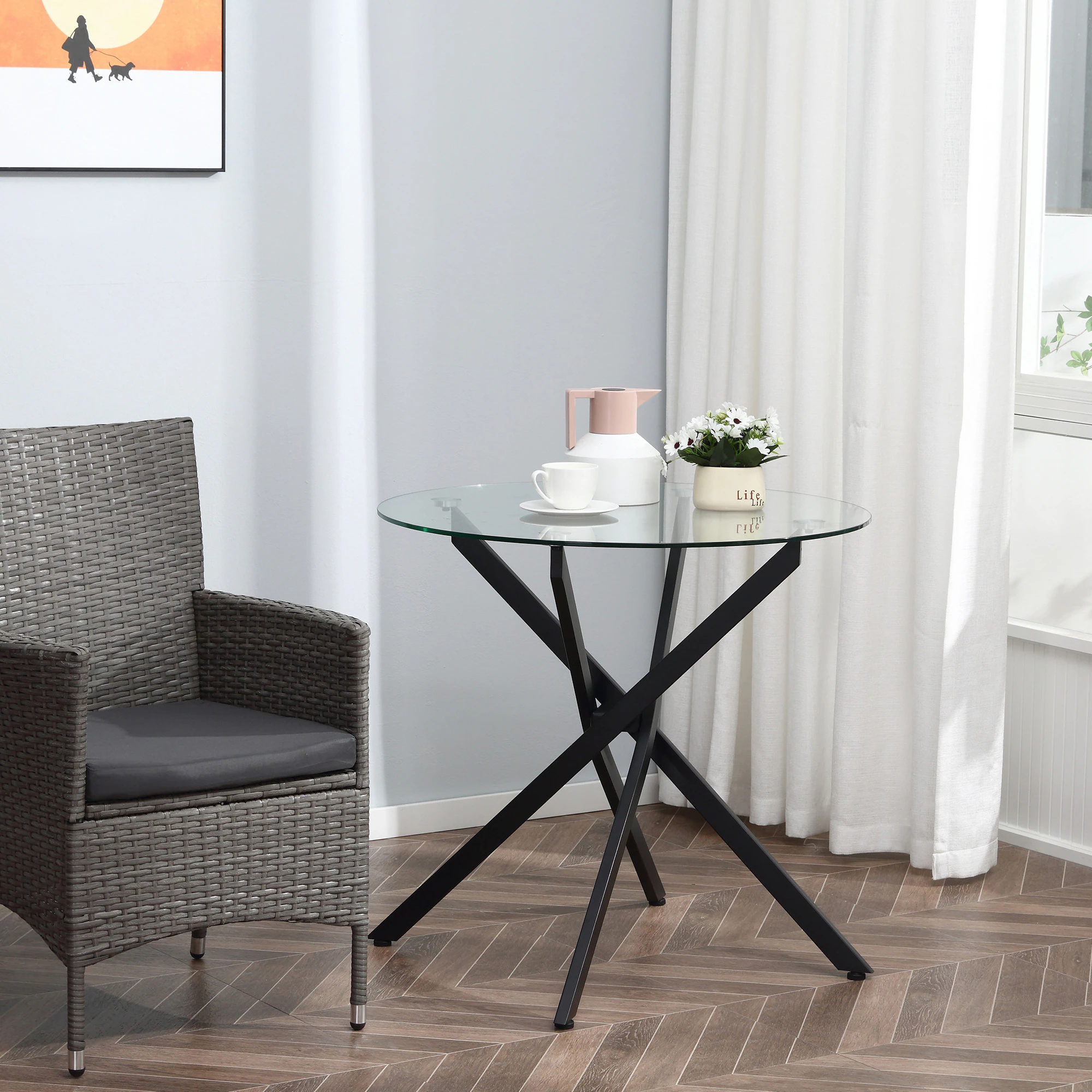 HOMCOM Beistelltisch mit Glasplatte schwarz 80L x 80B x 75H cm