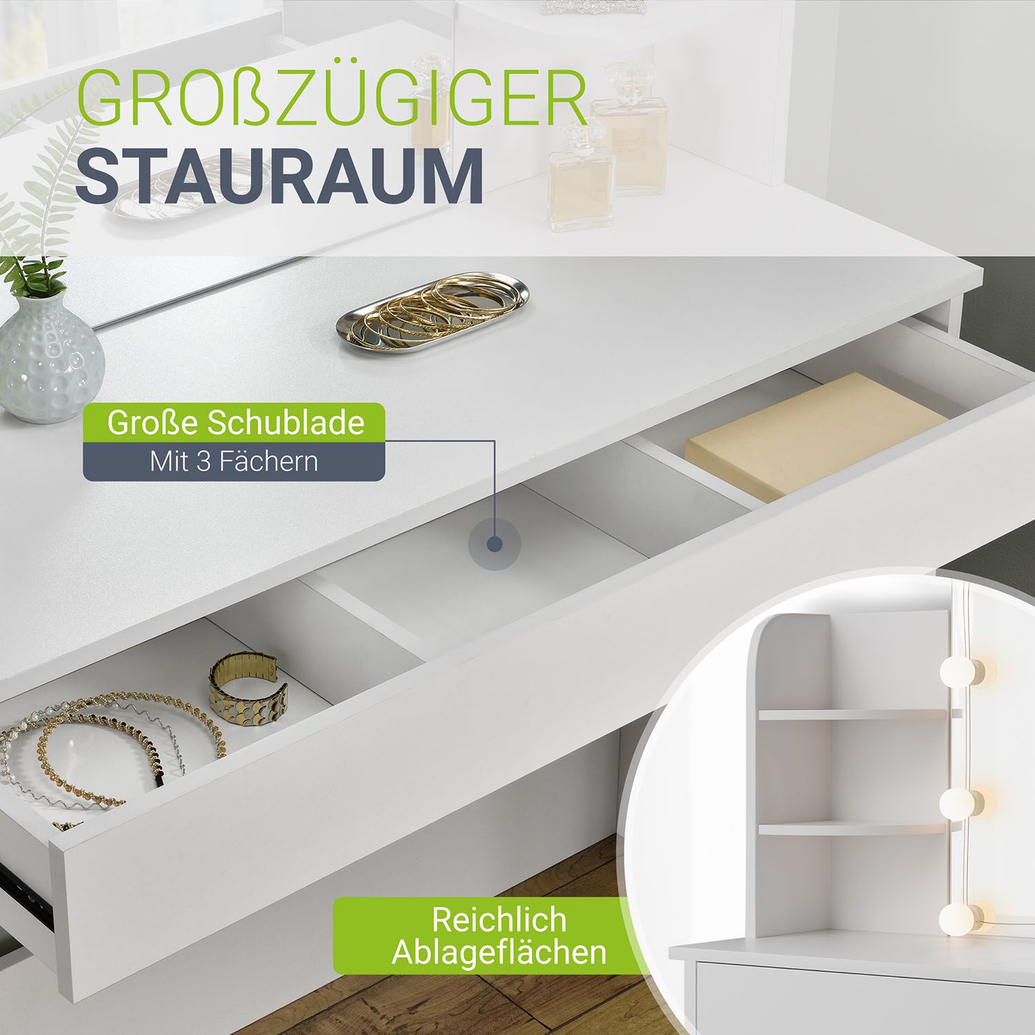 Juskys Schminktisch Bella 108 x 40 x 140 cm in Weiß mit Spiegel, LED, Schublade & 4 Ablagefächern