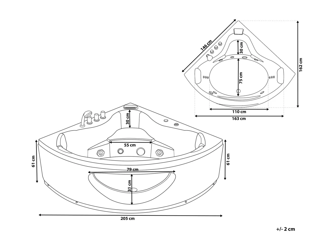Baignoire d'angle noire 205 x 146 cm avec LED TOCOA