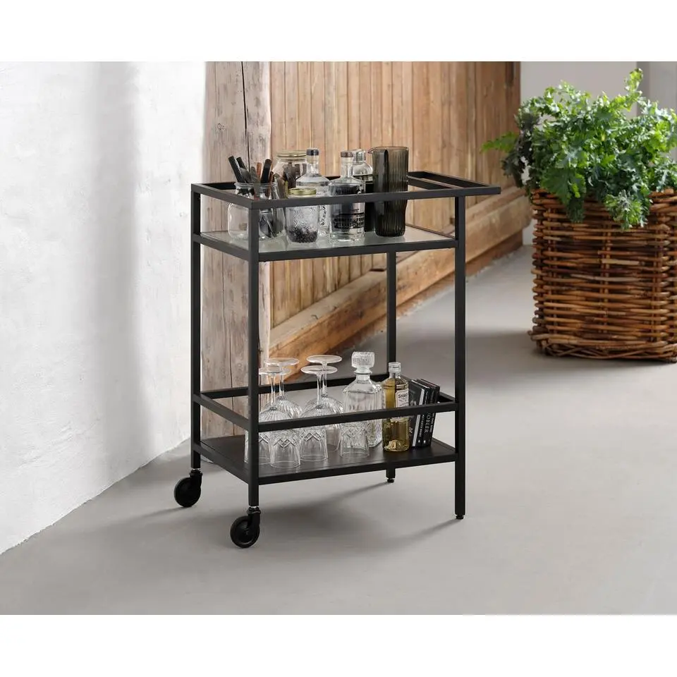 Trolley Zwart Metaal/Glas - 70x42x85cm - Bronco