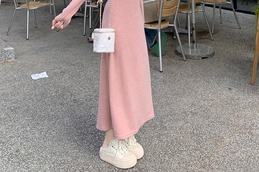 Moregirl - Midi-jurk met lange mouwen, V-hals, effen strik en ruches