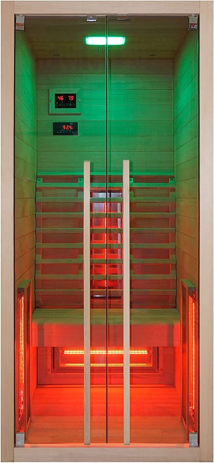 SANOTECHNIK Infrarotkabine RUBY1 – 1‑Person Infrarotsauna 90×100×195cm | 4 Voll‑Spektrumstrahler (1.550W), LED‑Farblicht, Bluetooth‑MP3, 6mm ESG‑Sicherheitsglas, Touch‑Display, F20090