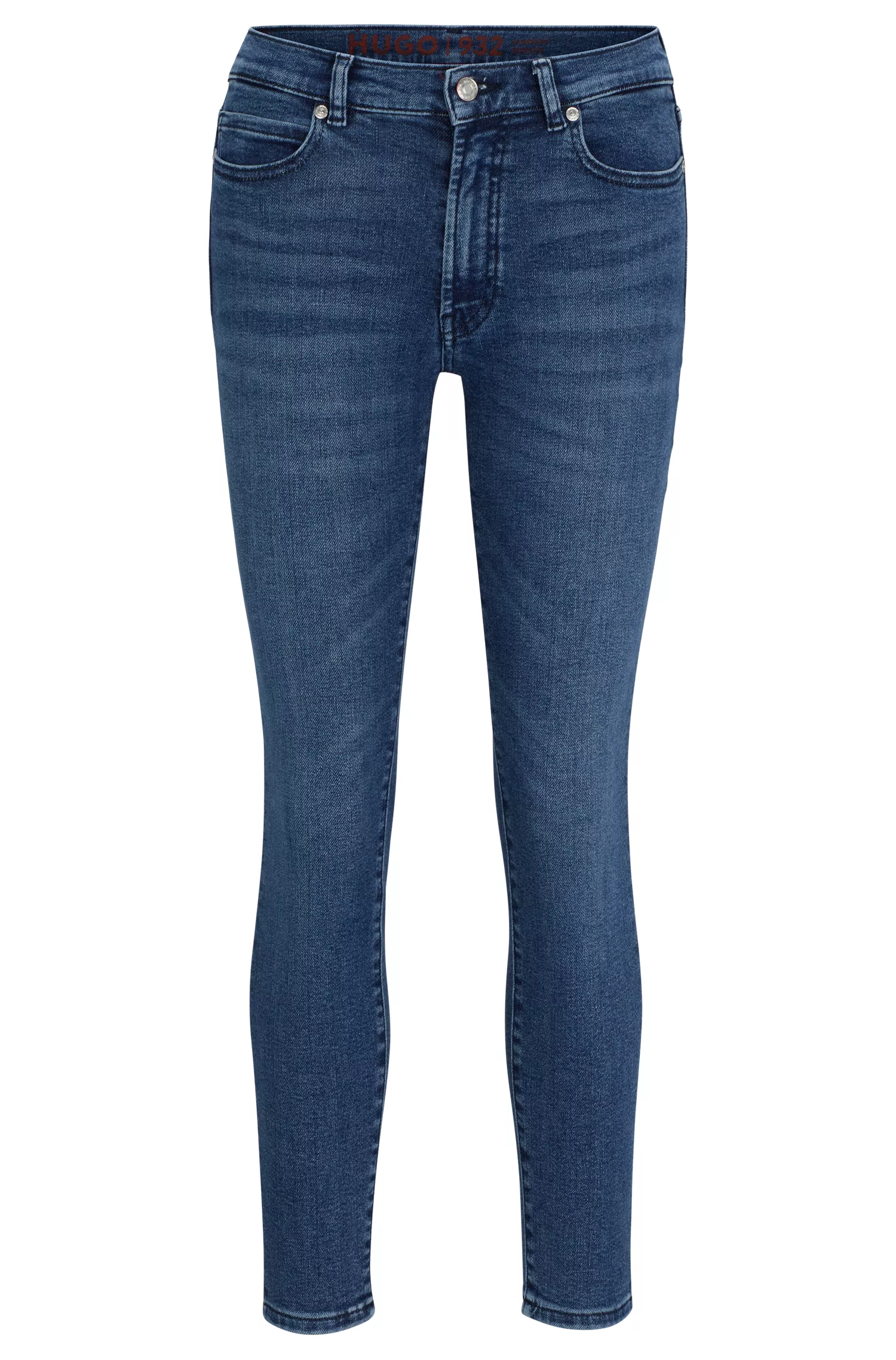 Calça jeans HUGO vermelha, extra slim fit, em denim super elástico azul.