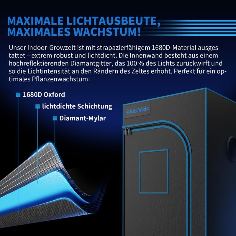 Turbo2000& 120x60x180cm Growzelt Komplettset LED Grow Lampe Vollspektrum LM301H EVO LEDs Growzelt Kit Komplettes Hydroponics 1680D Growing Tent Kit Belüftungssystem