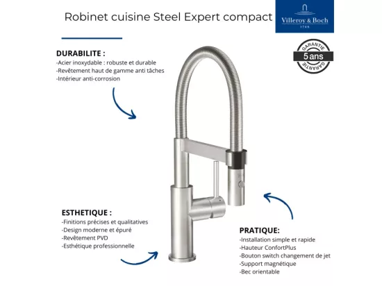 Robinet cuisine VILLEROY ET BOCH Steel expert compact acier massif