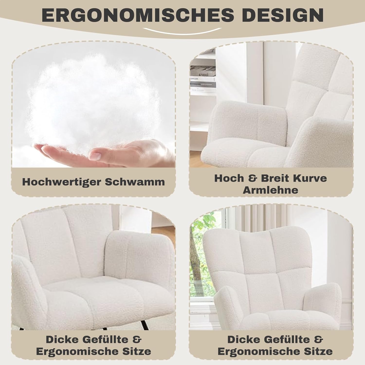 Allyson® Schaukelstuhl Relaxsessel mit Liegefunktion, Flauschiger Lesesessel & Stillsessel, Schaukelsessel mit Armlehnen aus Holz, bis 150 kg belastbar, ideal für Wohnzimmer, Garten & Balkon - Beige