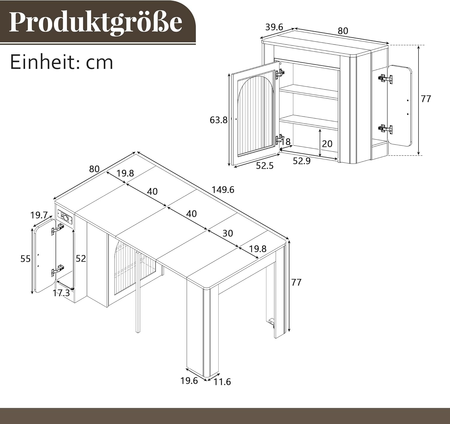 Kücheninsel mit Rollen, Ausziehbarer Esstisch mit Abnehmbarer Tischplatte, Mobile Servierwagen mit Steckdosenleisten, Sideboard oder Bartisch für Küche und Esszimmer (Schwarz)